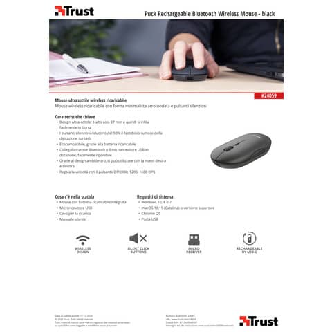 Mouse ultrasottile wireless ricaricabile Trust Puck h. 2,7 cm - ricevitore USB A 2.0 nero - 24059